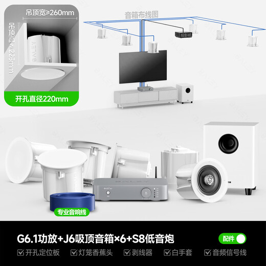 八雷(BALEY) J6发烧级家用客厅吊顶音箱hifi指向吸顶音响嵌入式功放2.1/5.1环绕家庭影院套装背景音乐 13【G6.1功放+J6×6+S8】影音大师