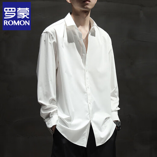 罗蒙（ROMON）夏季冰丝薄款白色长 短袖衬衫外套男大码宽松免烫垂感衬衫 黑色【冰丝短】844 2XL 适合140-160斤