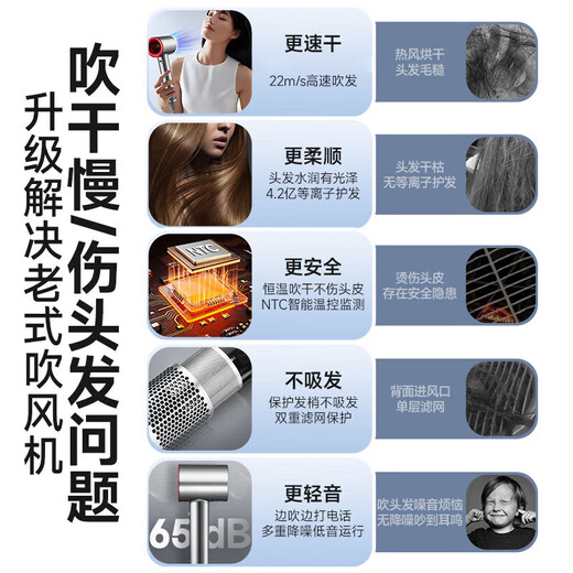 RASW German hair dryer household silent negative ion high power non-harming hair care leafless hair dryer quick drying portable styling hotel hair salon gift to girlfriend and wife sunset rose single air nozzle intelligent temperature control negative ion hair care new upgrade