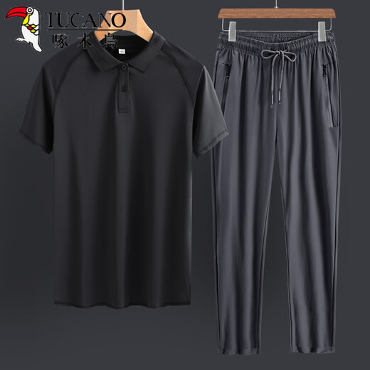 Padre de carpintero de mediana edad Papá de mediana edad seda de seda informal deportes casuales de verano para hombres camiseta de manga corta de la camiseta de mediana edad del juego de dos piezas 8790 ropa gris oscuro + 9922 pantalones grises m
