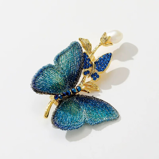 Lingmeng antique blue embroidered butterfly brooch for women, fabric high-end corsage placket pin, suit jacket accessories, embroidered blue butterfly 1 piece (including small gift box)