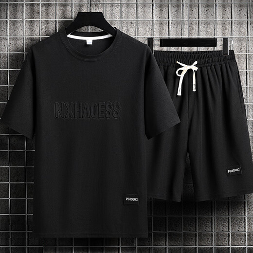 洛科驰休闲运动套装男夏季潮牌冰丝t恤薄款短裤大码短袖帅气搭配两件套 套装-TZ829黑色【上衣+裤子】 M 建议90-110斤