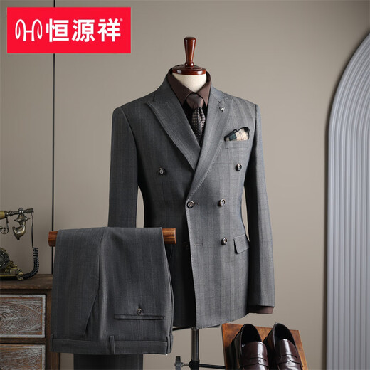 Hengyuanxiang Plaid Suit Set Men's Business Casual Formal Groom Wedding Feeling Large Size Professional Suit Two-piece Set 35 Styles Double-breasted Gray Plaid Suit+Trousers 2XL 54