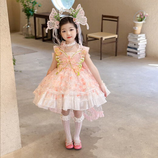 Vestido de princesa de la niña hormiga Lolita 2025 NUEVO SUMER CHILLE's Fair Fair Dress Vestido de cumpleaños para niñas Rosa (6630 Flower Fairy Vestido + Soporte de falda) 140 Recomendado 7-8 años (aproximadamente 135 altura)