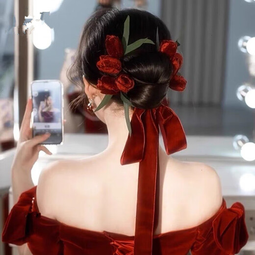 Haiyiduo Velvet Flower Bride Suit Bud Temperamento simple Vestido de novia Accesorios para el cabello Rojo Ropa Tosta Tatal Tatal de la nueces Velvet de terciopelo Flor roja [Diadema + cuatro 8 flores]