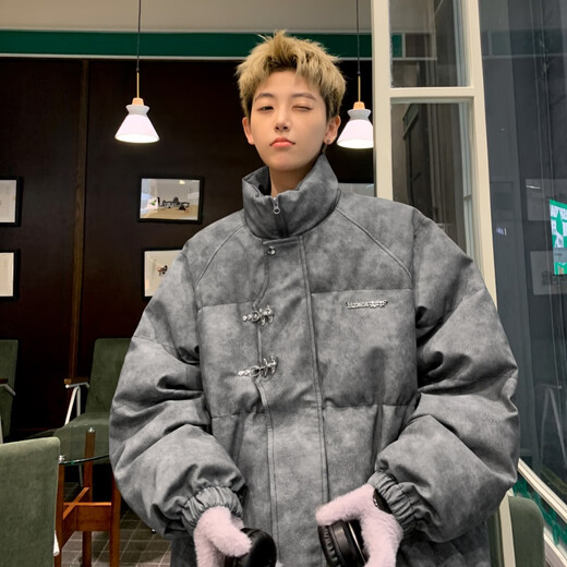 OEMG American retro metal airplane button cotton coat for men and women in winter thickened warm loose bread coat cotton coat gray XL recommended 125-140Jin Jin equals 0.5 kg