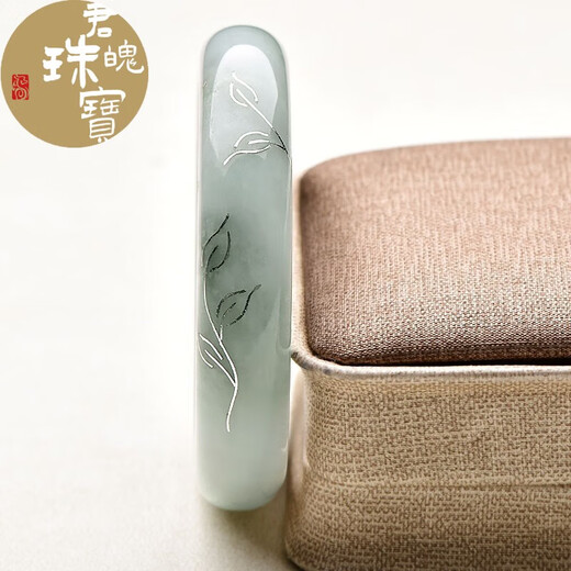 君魄【玉石孤品】翡翠手镯 女士淡绿飘花玉镯子珠宝玉器玉手镯 带证书 [款一 约53毫米]QZC2691
