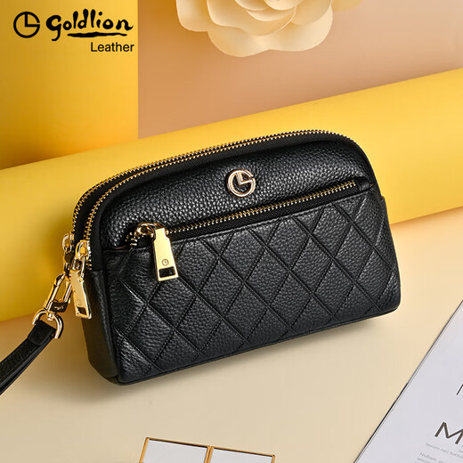 Goldlion Women's Bag Genuine Leather 2025 Summer New Fashion Clutch Zipper Large Capacity Coin Purse Mobile Phone Bag Women's Wallet Black