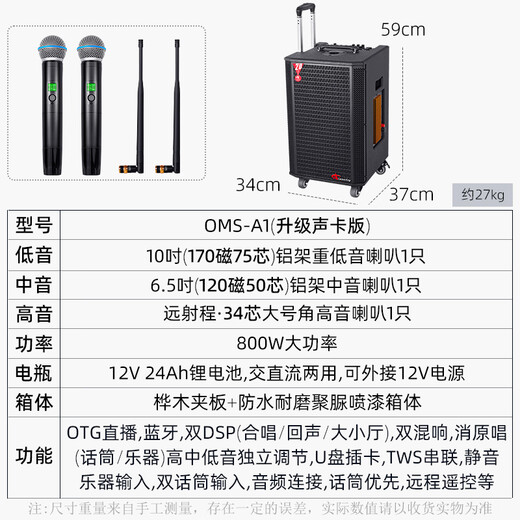 European and American high-end outdoor K-song dedicated sound card audio all-in-one machine professional singer live broadcast home KTV square dance performance high-power mobile trolley Bluetooth speaker with microphone A1 10-inch subwoofer 800W 2* headset + gift package