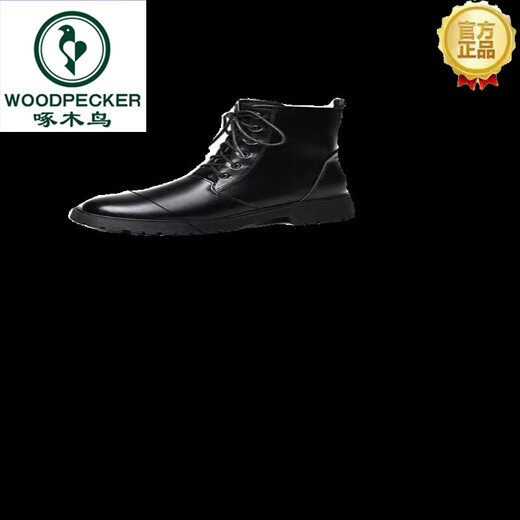Woodpecker genuine leather thick-soled Martin boots for women 2025 new winter flat short boots thick heel spring and autumn single boots black <warm velvet lining> 38 standard size