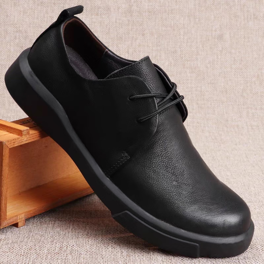New men's shoes genuine leather thick sole soft sole soft leather comfortable casual shoes round toe lace up men's business casual leather shoes black lace up 40 (250mm)