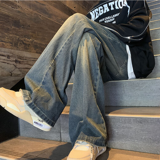 迪伽达美式高街牛仔裤男冬季新款复古车缝线微喇裤潮牌宽松直筒阔腿裤 GJXS-7027蓝色 XL