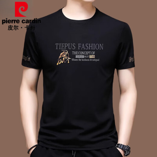 Pierre Cardin Sommer loser Ice Seide Kurzärärmelte T-Shirt Männer lässig Sommer dünner runder Hals halbärmelig T-Shirt Top Men 671 Black Short Sleeve 180/2xL Empfohlen 155-170jin [Jin entspricht 0,5 kg]