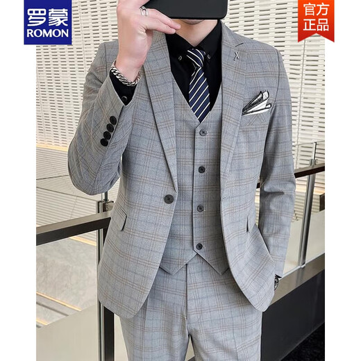 ROMON Men's Suit Korean Style Plaid Groom Wedding Dress Casual Business Formal Fit Suit Three-piece Spring Gray Suit + Vest + Pants Tie XL