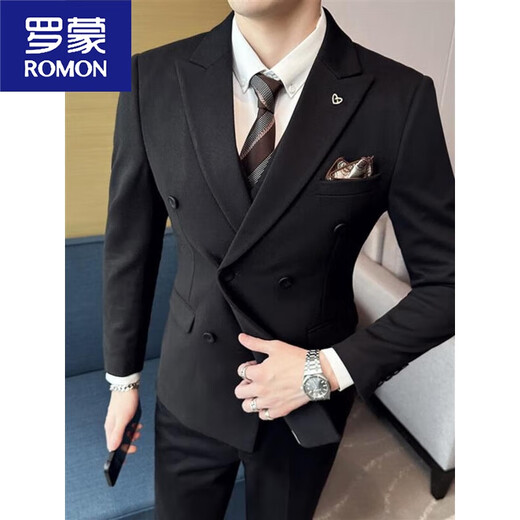 ROMON woolen suit men's suit double-breasted autumn and winter thickened warm jacket handsome wedding banquet dress men's fashion gray suit trousers 5XL 175185Jin Jin equals 0.5 kg