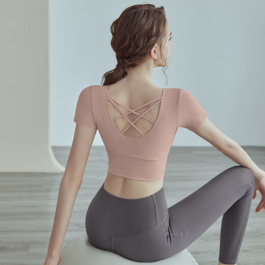 Youyou yoga clothes for women with chest pads, sports Pilates short-sleeved tops and headbands, two-piece set J32030DY apricot M