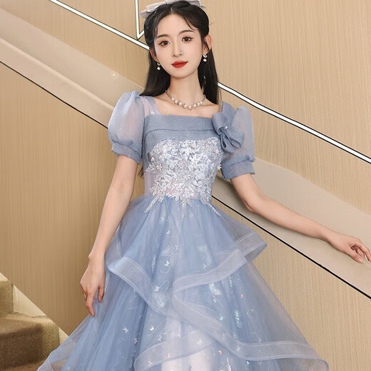 Vestido de noche azul de Libaixin 2025 NUEVO Estilo Banquete High-High Grain Student Art Exam Nicho Huff Skirt for Women Blue Long L Sugerir 100-110Jin [Jin equivale a 0.5 kg]