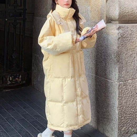 Amber heey Korean style large pocket white duck down jacket for women 2025 new mid-length lightweight hooded warm women's jacket creamy yellow S recommended (80-125Jin Jin equals 0.5 kg)
