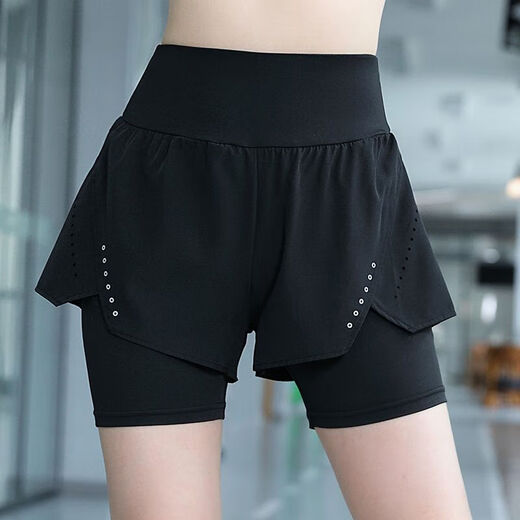 仙僖俫女士骑行裤假两件高腰大码防走光瑜伽短裤宽松薄款健身跑步运动 黑色 五·分裤 L