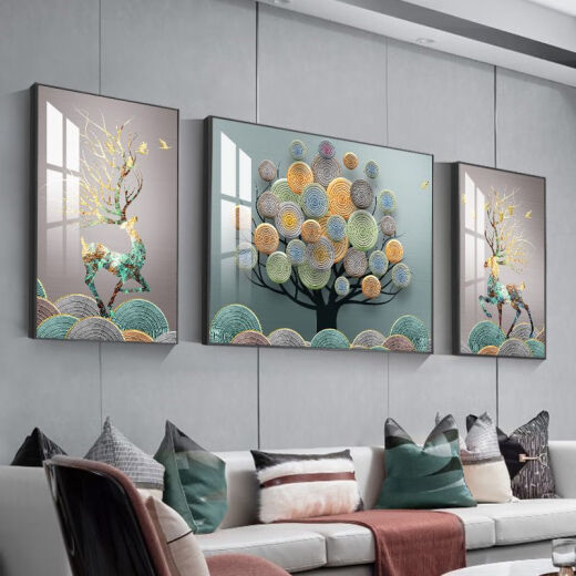 铃桐发财福鹿客厅装饰画简约现代三联挂画墙画欧式轻奢沙发背景墙壁画 15269-1-2-3NX黑框*] 边40*60中80*60布纹膜A