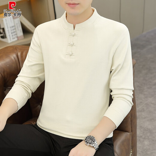 Pierre Cardin (pierre cardin) stand collar long-sleeved T-shirt men's spring and autumn Chinese style Henry collar polo. shirt autumn inner layering shirt for men 8806 white 2XL