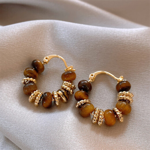 LANSILL Maillard tiger eye stone retro earrings for women 2025 new fashion earrings niche light luxury high-end earrings Maillard beaded earrings E3262