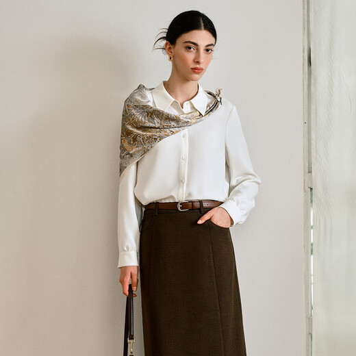 Olrain French simple top women's autumn new commuter white shirt with scarf off-white M