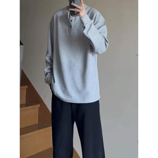 Pocket Henry collar sweatshirt for men in spring and autumn, new American fashion brand, solid color, simple inner layer, loose and versatile top, light gray L 105-120Jin Jin is equal to 0.5 kg