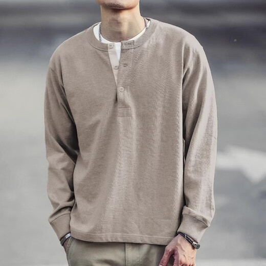 Kuraishi Kazuki Japanese fashion brand pure cotton Henley collar long-sleeved T-shirt men's bottoming shirt autumn and winter loose sweatshirt Henley top men sand gray XL