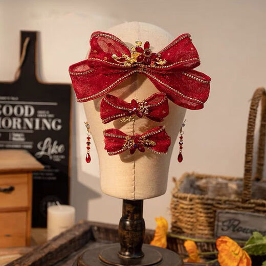 Lingchuan Xiuhe tiara bridal toast clothing female Xiuhe clothing Chinese hair accessories red simple and elegant bow FD067 wine red pair clip + ear clip