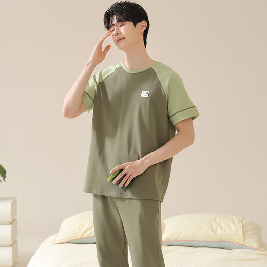 焦男男士睡衣纯棉夏季拼接色潮流简约轻奢可外穿家居服短袖长裤两件套 01N13601男 XL