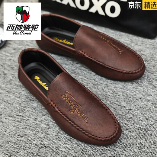 Western Region Camel (Vancamel) Sommer Neue Männer Beanie Schuhe 2025 Fahren lässige Lederschuhe weicher Einzelkick Herren Trendy Street Shooting Internet Promi Schuhe D838 Black 39