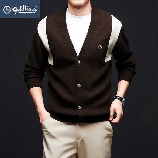 Goldlion Wool Cardigan Autumn and Winter New Men's Loose Sweater Knitted Jacket Zipper Stand Collar Wool Sweater Brown Brown L 175