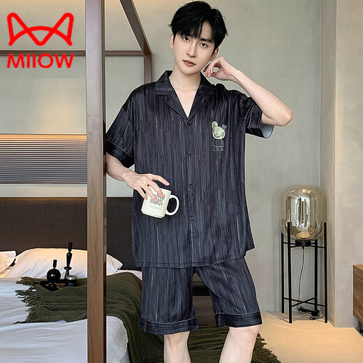 Catman (MiiOW) new men's pajamas summer short-sleeved pants solid color black summer thin boys ice real silk home clothing set G723 2XL (height about 180 and weight 150-175