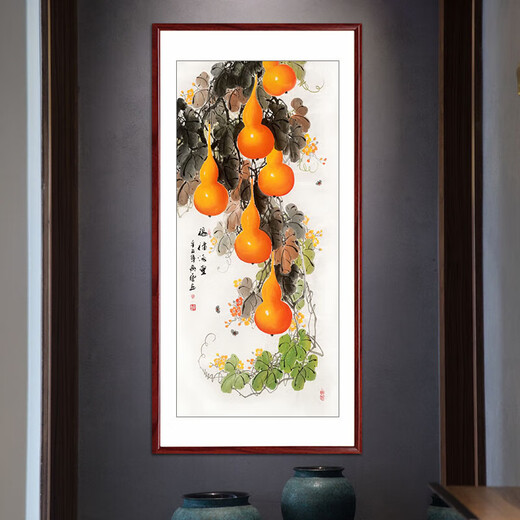 Youxian Wufu Gourd Hanging Painting Porch Decorative Painting Chinese-style Traditional Chinese Painting Entry Porch Corridor Aisle Vertical Ink Painting Fulu Mantang (right-angle rosewood color) solid wood with frame 123*63 cm