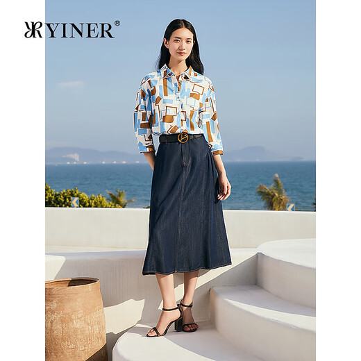 YINER音儿2025年夏季女装【天丝+醋酸】莱赛尔丹宁A字牛仔半身裙 藏蓝 S 36