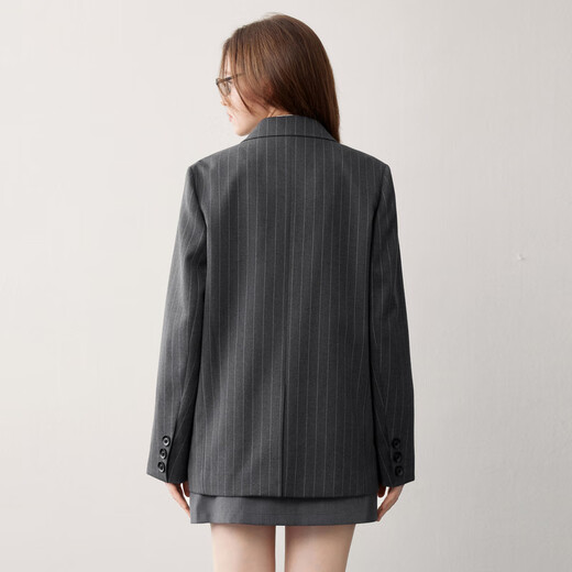 Leding Gray Style Flat Lapel Striped Suit Jacket Autumn New Bow Design Suit Black, White and Gray Stripes (Ready Stock) XS