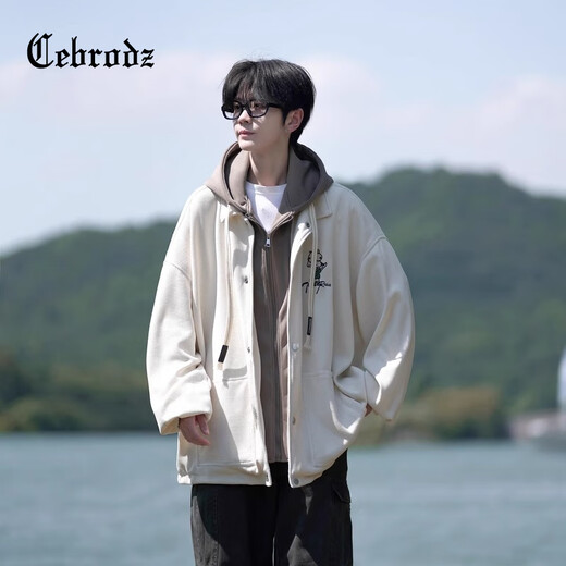 Cebrodz French jacket men's 2025 autumn and winter American fashion brand workwear large size loose casual fake two-piece hooded jacket black XL