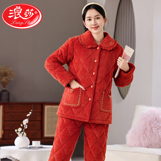 LangSha pajamas women's new winter coral velvet three-layer cotton thickened warm mother middle-aged and elderly home clothing set 9902# shrimp powder L [Suggested 90-115Jin [Jin equals 0.5 kg]]