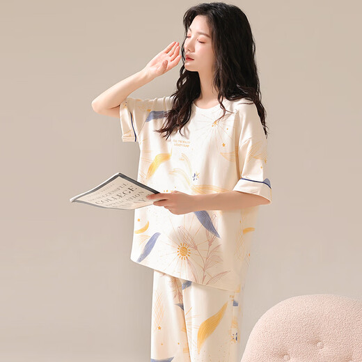 Odifen 100% Baumwoll antibakterielle Anti-Mitentiten Frauen-Pyjama Frauen reines Baumwoll kurzärmelige Heimkleidung Set Starry Sky Aprikosen L.