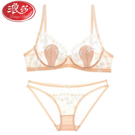 浪莎（LangSha）品牌原创设计性感超薄蕾丝文胸聚拢时尚内衣女半透明防高档胸罩 红色 [三角裤套装] 75B 34B