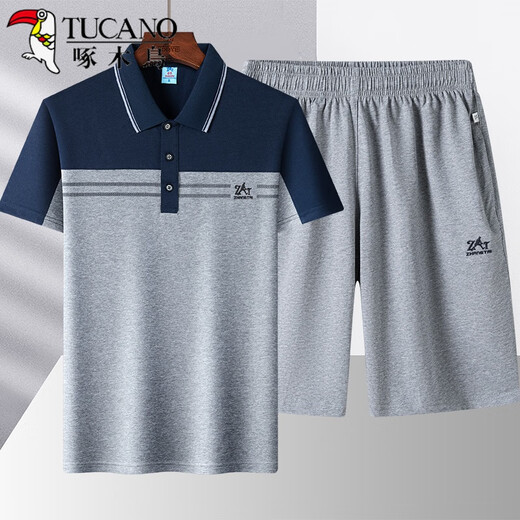 Papá de carpintero papá de verano Set de dos piezas deportes de algodón y hombres informales de mediana edad abuelo de mediana edad pantalones largos de manga larga estilo 829 azul marino [manga corta + pantalones] XL 125 Jin [Jin equivale a 0.5 kg]