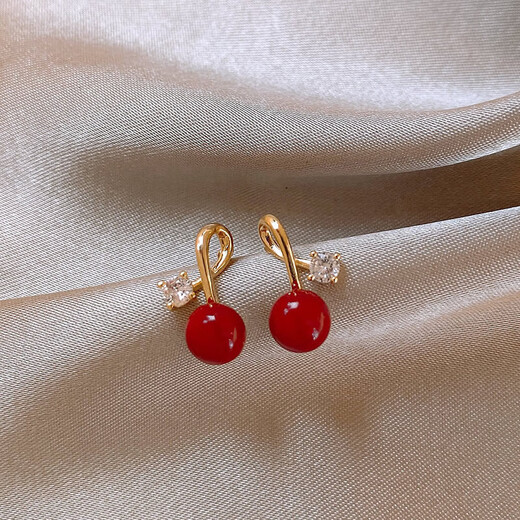 Youfang Red Acacia Bean Imitation Zirconia Earrings Women's Niche Design Light Luxury High-Quality New Year's Earrings 2025 New Gold Pair
