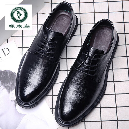 Woodpecker business formal leather shoes British groom genuine leather casual shoes suit soft sole wedding pointed leather shoes men winter plus velvet black shoes 40