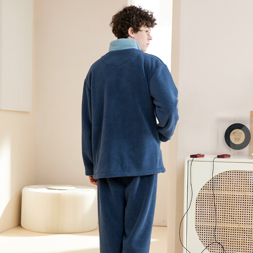 Fenton Couple Pajamas Autumn and Winter Thickened Outdoor Lapel Anti-static Double-Sided Imitation Sherpa Home Clothes Pajamas Set Dark Blue-Men's XL