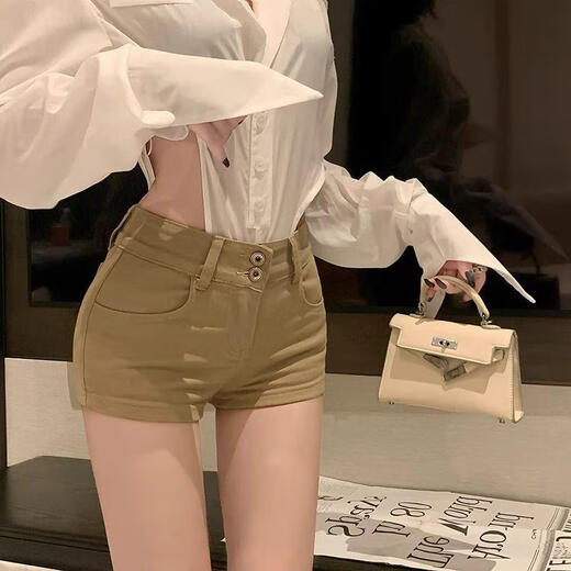 Zhenxiqi's new high-waist elastic tight-fitting butt-hugging shorts for women in summer, slim and versatile, micro-flared casual hot pants, trendy, light khaki, XL, one size too small