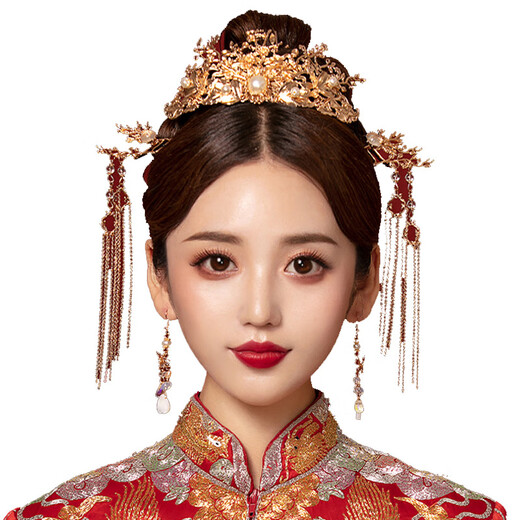 QBILY bridal headwear, wedding dress, Xiuhe suit, cheongsam, headwear, ancient hair ornaments, phoenix crown, step-shaking Chinese bridal accessories, complete set of Chinese bridal headwear (ear hook style)