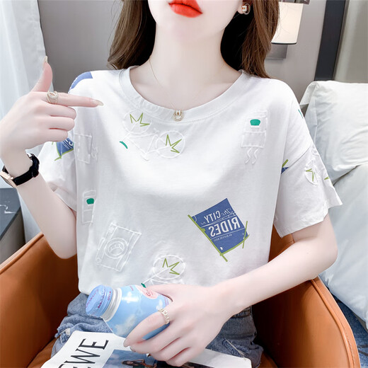 ZHIDOUDOU女士短袖女时尚一点夏装新款百搭宽松印花设计体恤时尚洋气上 5012#粉色字母 S  适合80-99斤