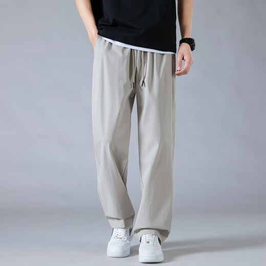 Monpoc Hosen Herren Spring- und Herbststil Trendy lose gerades Mesh atmungsaktives Eis Seiden Casual Hosen 6636 Khaki M.