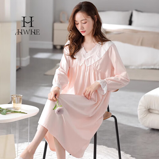 HWHE轻奢品牌长袖睡裙女春秋款带胸垫公主风秋冬季女款家居服长裙 673波绿(带胸垫) L 100-125斤